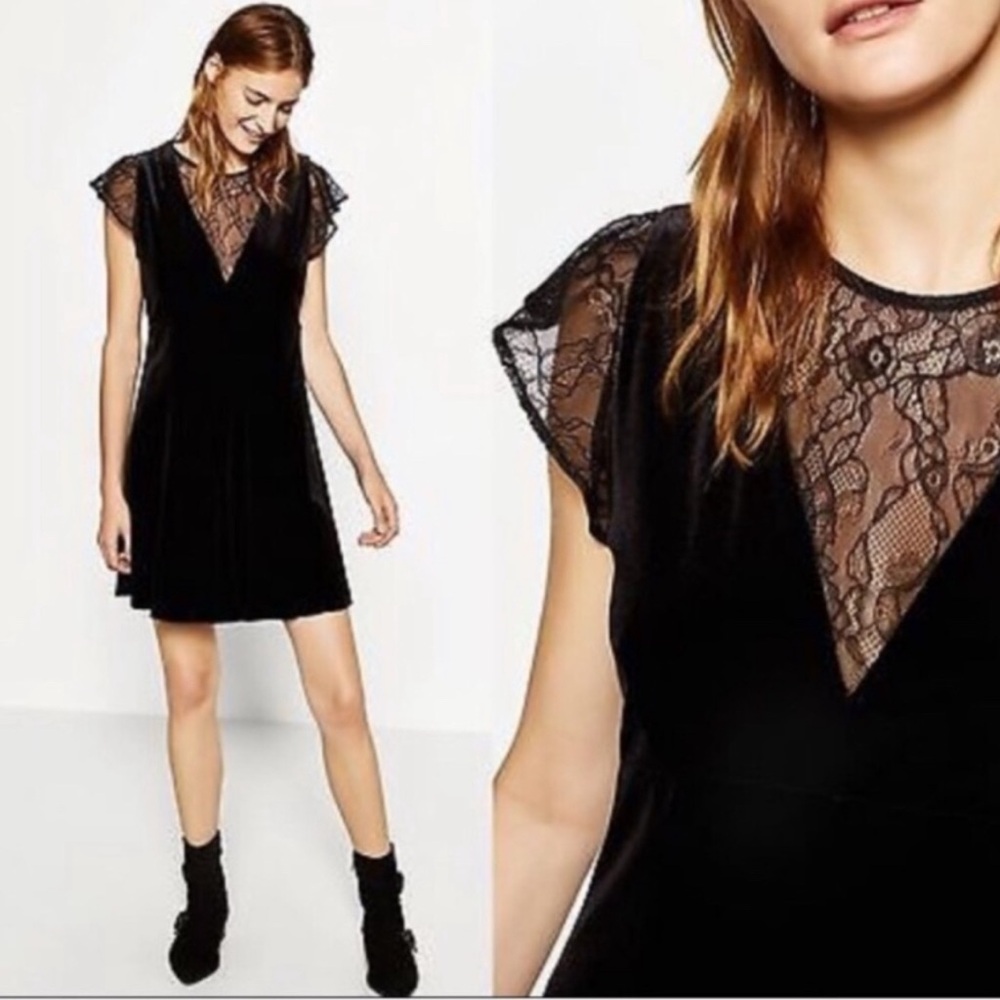 Zara Black Velvet Dress with Lace insert